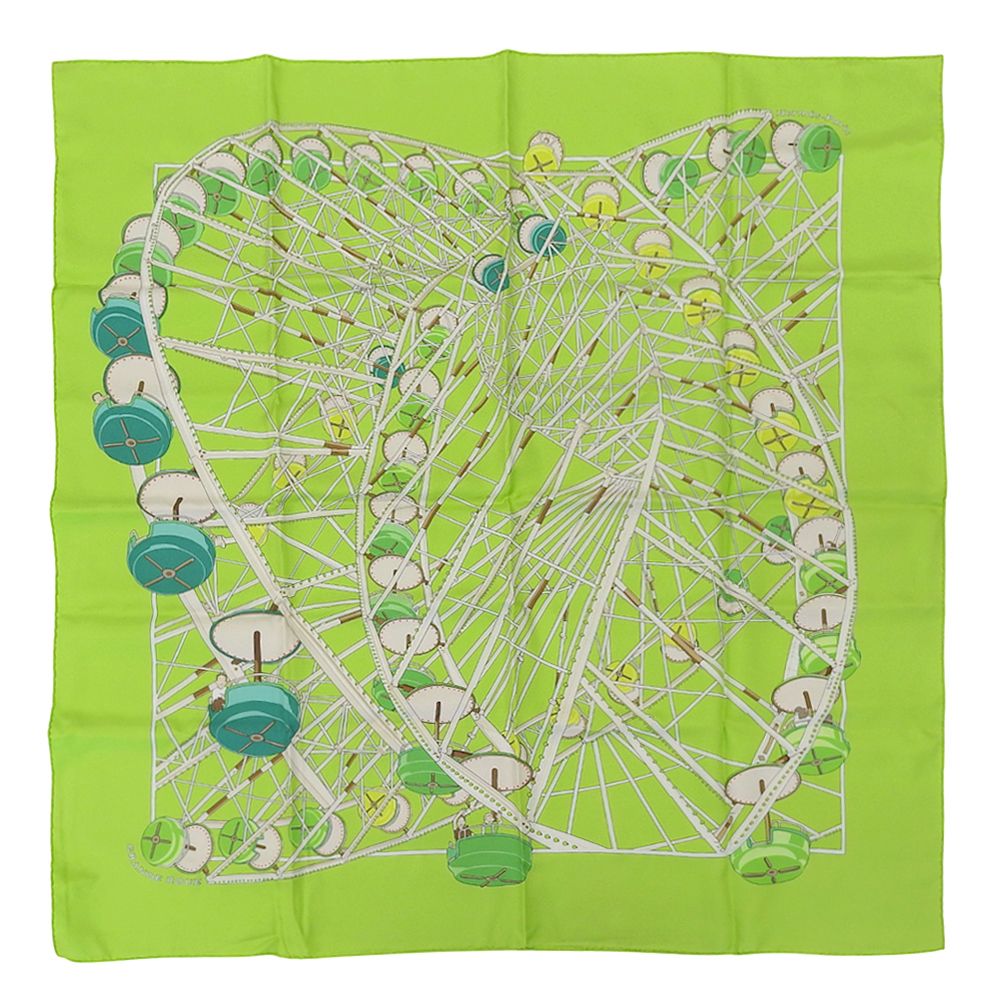 超 エルメス HERMES アイテム GRANDE ROUE 観覧車 モチーフ カレ90 シルク スカーフ ストール ライム レディース メンズ