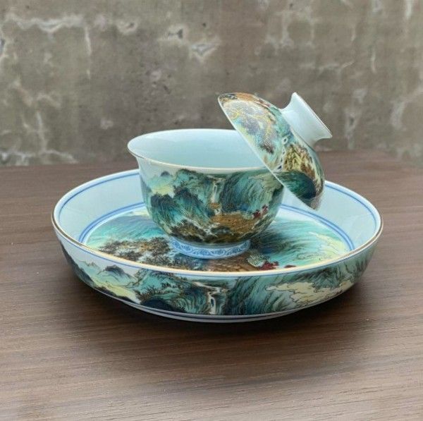 中国茶器 七承堂可懸停山居払雲図三才蓋碗 茶杯 茶碗 煎茶道具 新品未使用 新品】中国茶器 七承堂可懸停山居払雲図三才蓋碗 茶杯 茶碗 煎茶