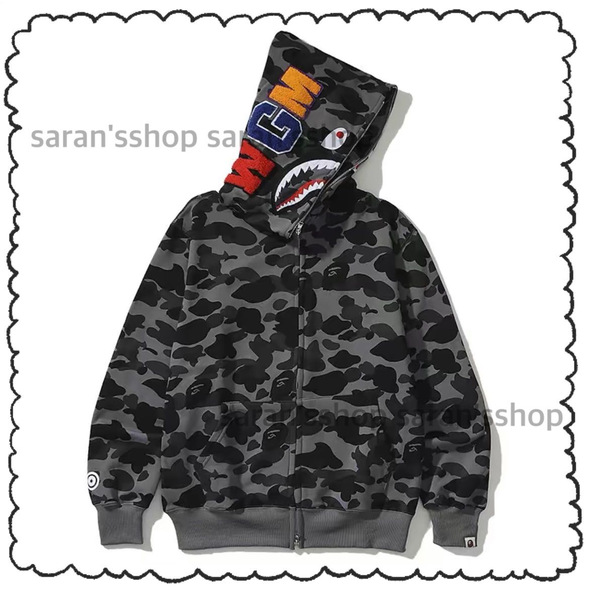 M〜3XL A BATHING APE BAPE エイプ ベイプ ABC CAMO SHARK FULL ZIP HOODIE シャーク フルジップ パーカー ベイビーマイロ トレーナー スウェット トップス 迷彩 グレー GLAY CAMO