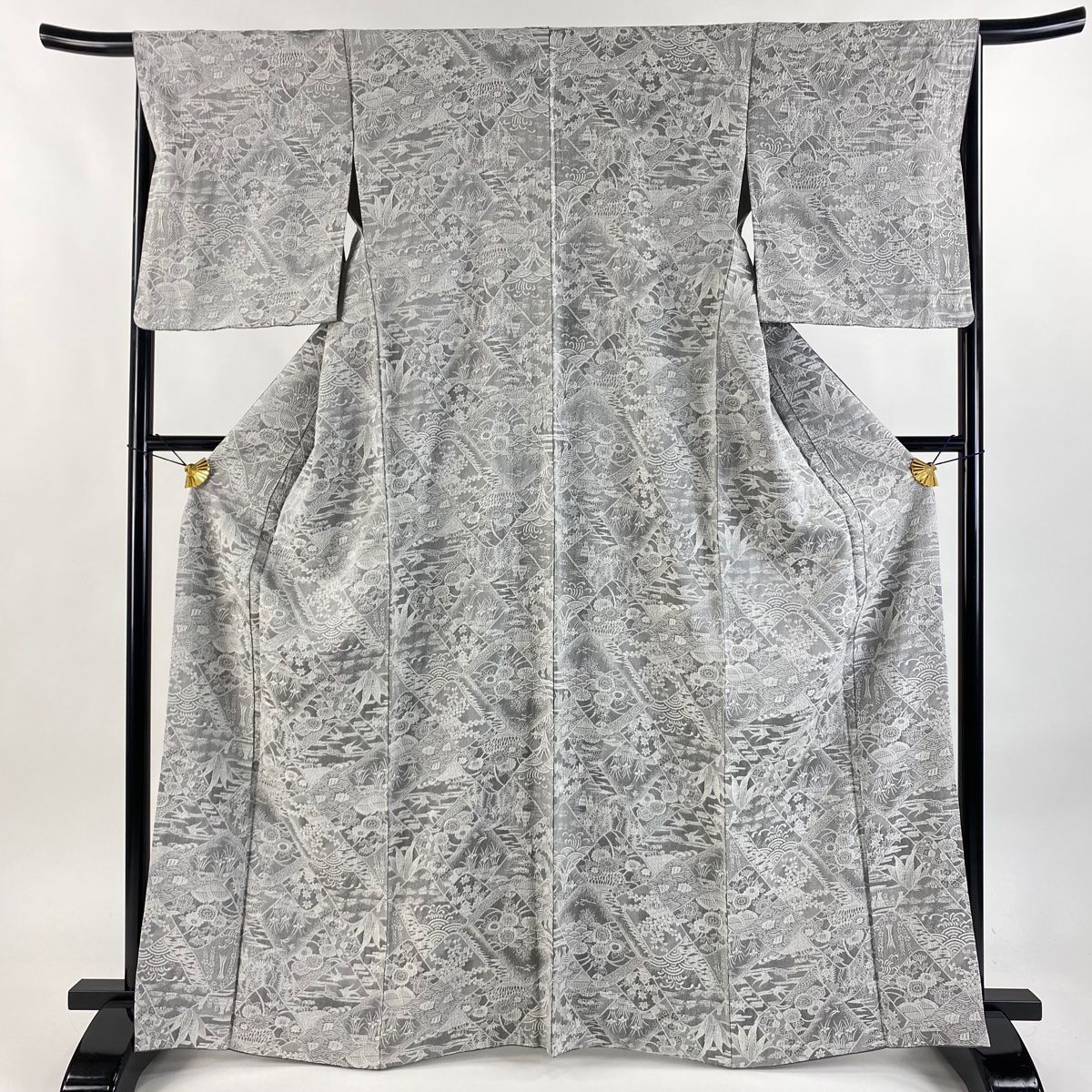 小紋 身丈165cm 裄丈66cm M 袷 草花 鳥 紋意匠 灰色 正絹