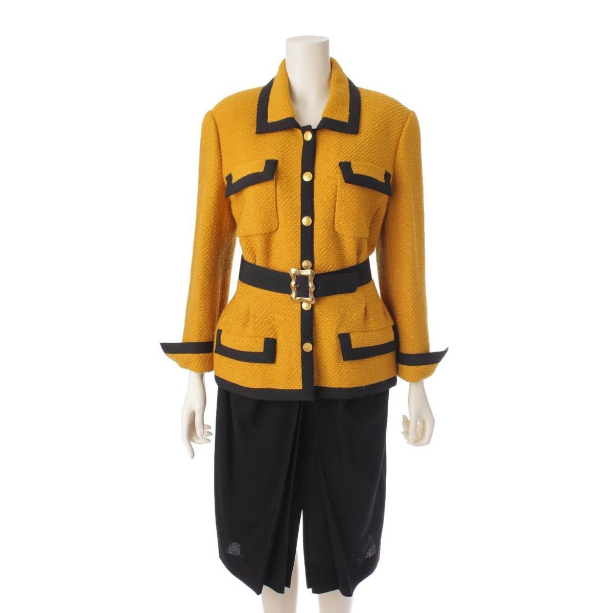 シャネル Chanel ヴィンテージ ココボタン ツイード ジャケット＆スカート セットアップ マスタード 40 鑑定済 保証 197734