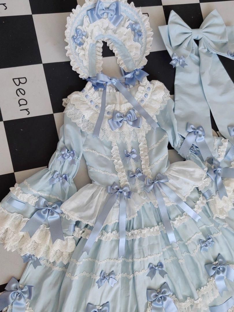 水色リボン付きゴスロリドレス　Mサイズ 水色 ゴスロリドレス 長袖 ロリータドレス JSK+ボンネット＋