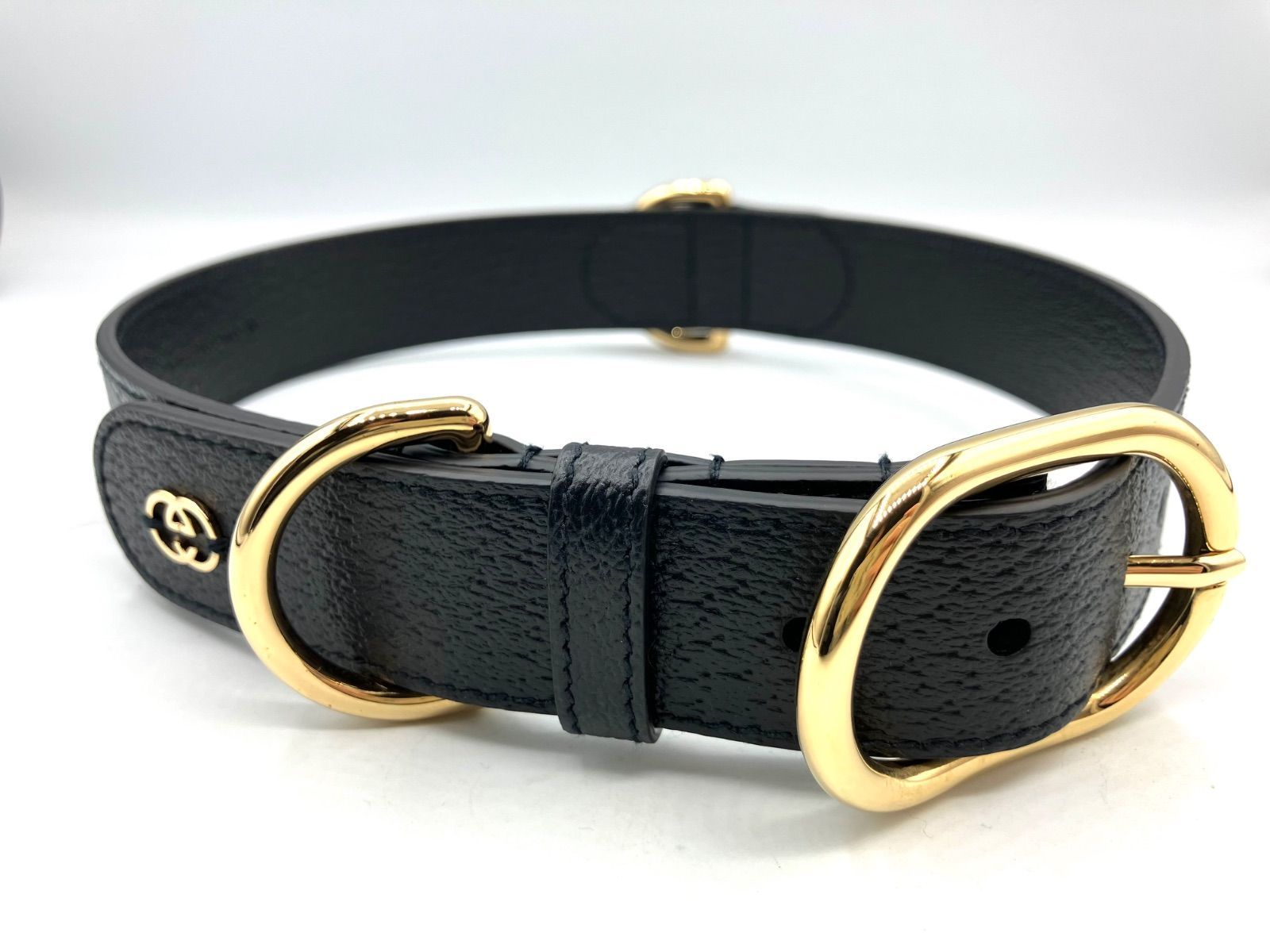 鑑定済み 正規品 グッチ GUCCI インターロッキングG 695256 犬 首輪 レザー ブラック GG ゴールド金具 STEELWINDOWSANDDOORS_COM