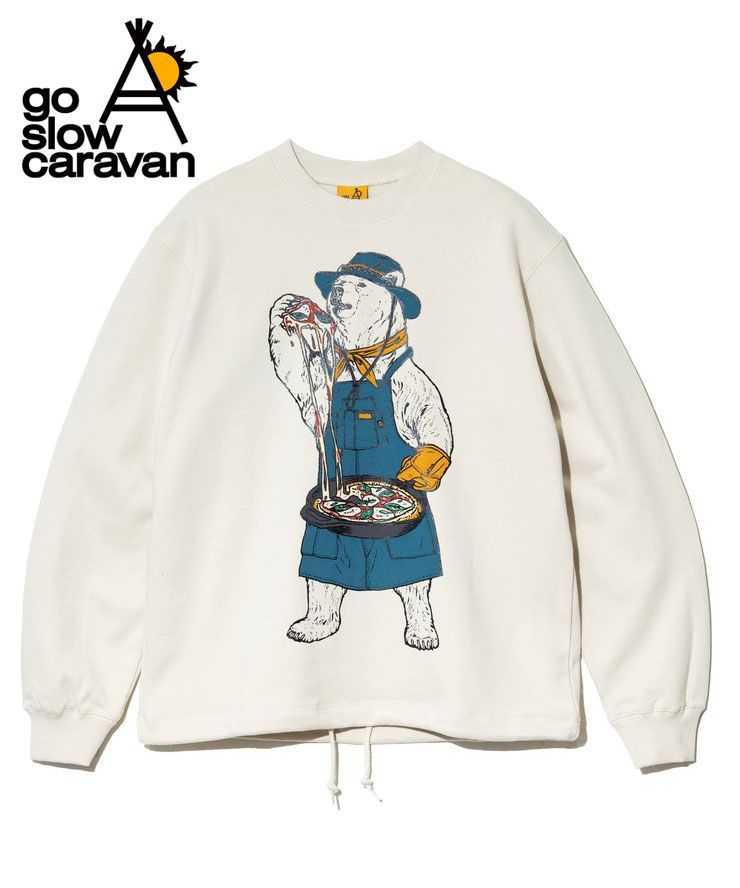 go slow caravan ゴースローキャラバン 空紡糸裏毛 スキレットピザクマ ヘムスピンドル クルースウェット m l xl 352606 メンズ レディース ユニセックス トレーナー 厚手 シロクマ 秋 冬