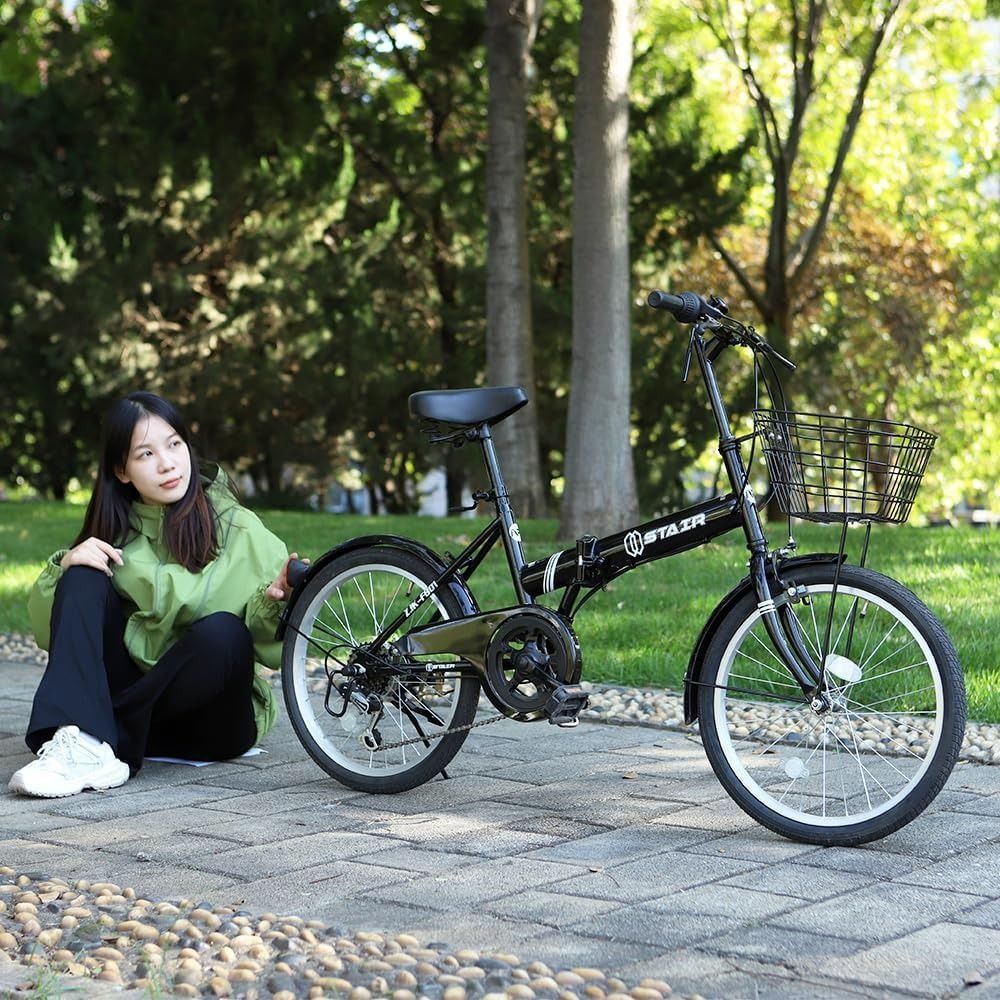 折りたたみ自転車 折り畳み自転車 20インチ シマノ６段変速 カゴ付 ワイヤ錠・ライトのプレゼント付き 前後泥除け装備 ハンドルの高さ調節できる 小径車 ミニベロ