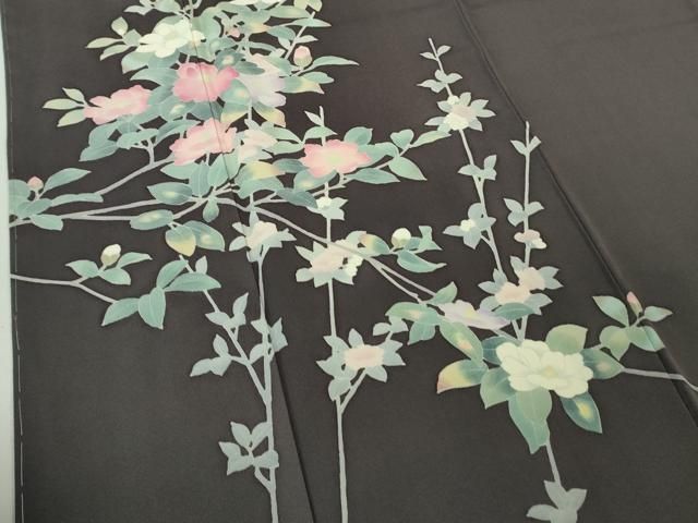 平和屋着物□極上 十日町友禅 女流作家 遠田藤舟 訪問着 枝椿 濃鼠色地