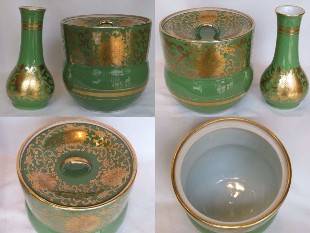 七月◇特売品）玉堂窯 手塚玉堂作 緑地金襴手唐草文 台子皆具