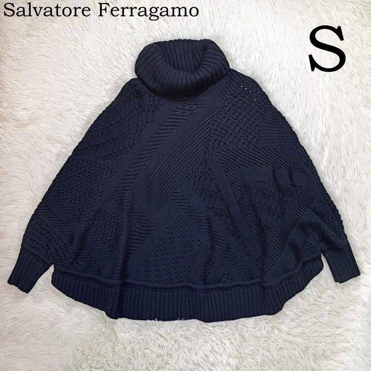Salvatore Ferragamo サルヴァトーレフェラガモ ポンチョ ニット セーター トップス S ウール ブラック 黒 ハイネック 秋冬 ケープコート