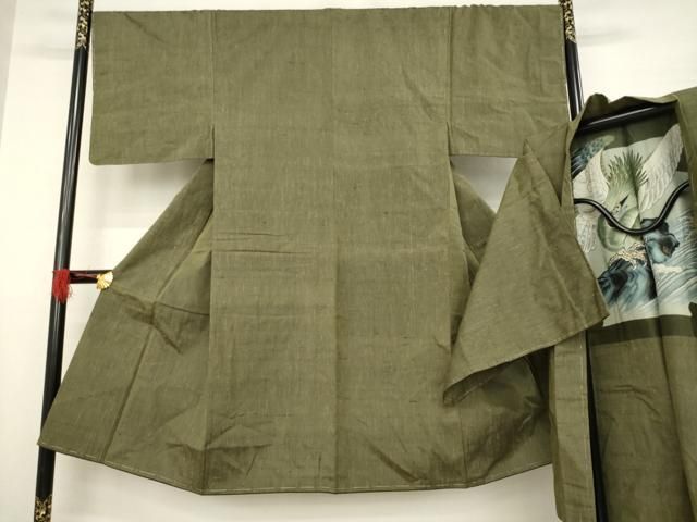 平和屋着物●男性 紬 アンサンブル 色無地 海松色 金彩 正絹 AABA9474ck