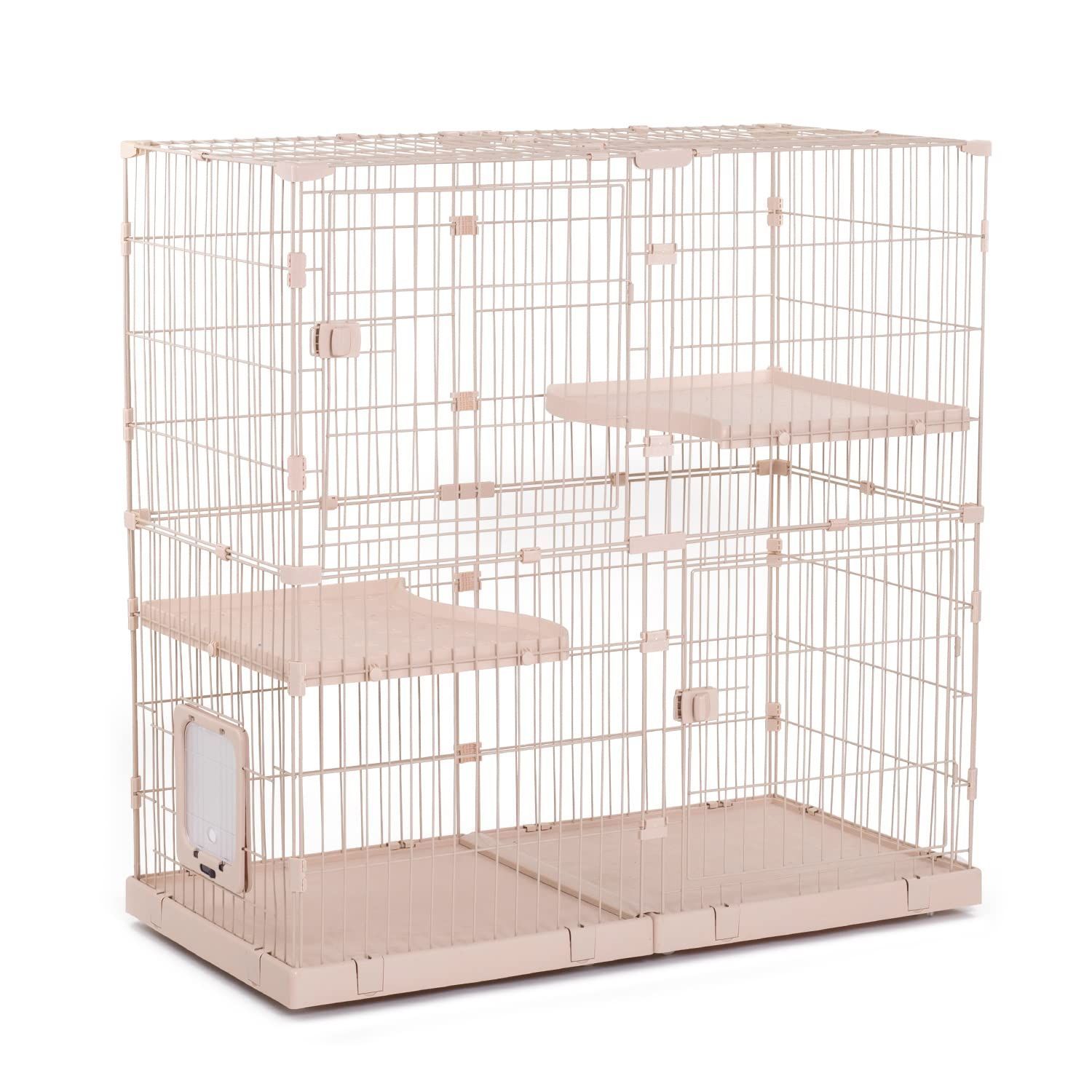 PETEPELA ぺテぺラ 猫 ケージ 大型 3段 2段 大型猫 多頭飼い キャットケージ 猫用エンクロージャ キャスター付き 大きめ 増やせる 拡張 ワイド 広い ケージセット 組み立て簡単 足場 室内飼い 人気 おしゃれ - M ベージュ