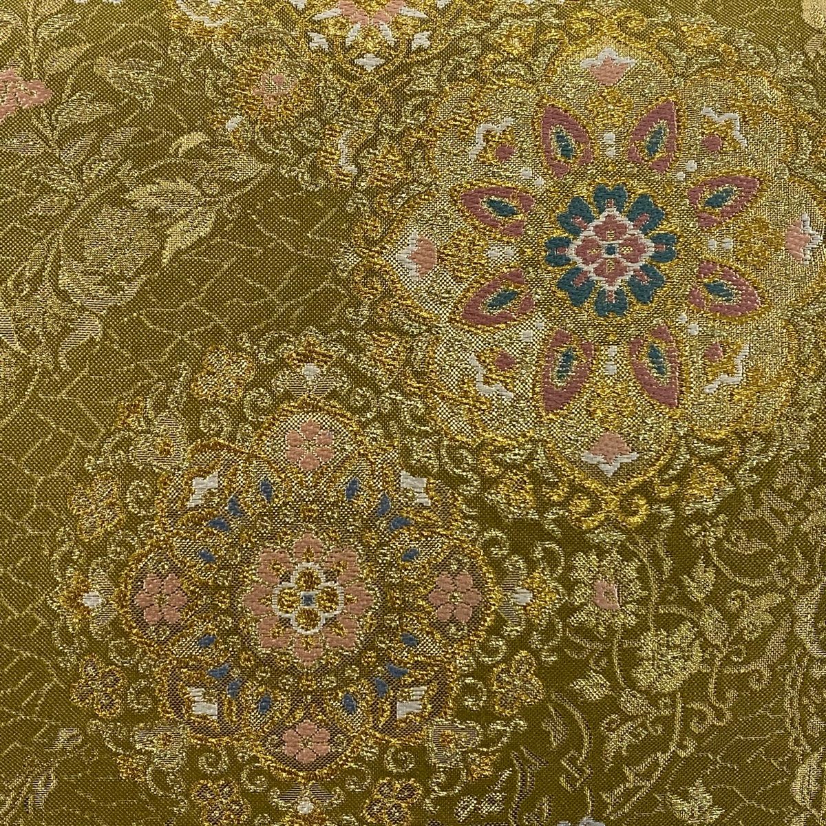 袋帯 秀品 華文 花鳥 金糸 箔 山吹茶色 六通 正絹