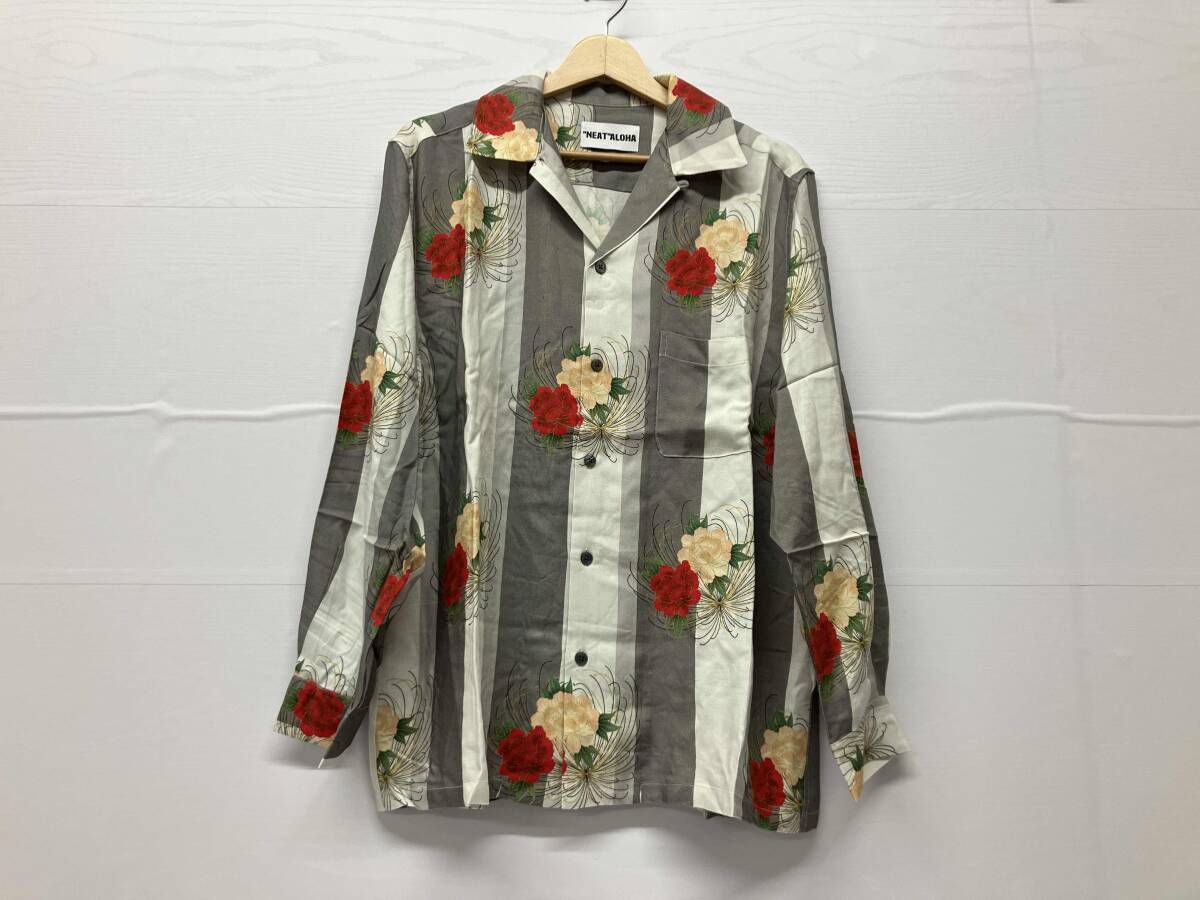 NEAT ALOHA ニート アロハ 長袖シャツ サイズM 総柄 花柄 ストライプ レーヨン 通年