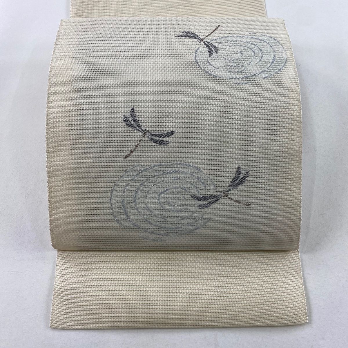 名古屋帯 名品 八寸名古屋帯 松葉仕立て 夏帯 絽 トンボ 波紋 銀糸 箔 ベージュ 正絹
