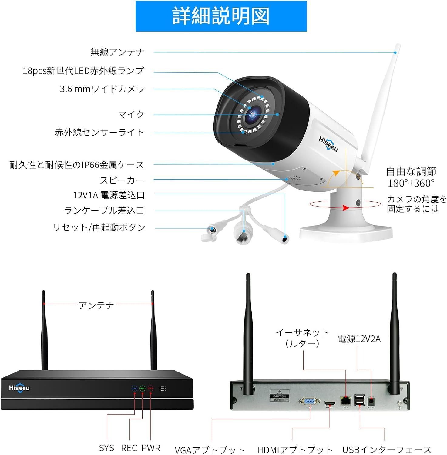 防犯カメラ ワイヤレスHiseeu 一体型NVR 1920P 500万画素 4台セット 1TBHDD内蔵 10チャンネルまで増設可 遠隔監視  双方向音声 防水等級ip66 AI動体検知 屋内/屋外 セキュリティ (カメラ4台＋一体型NVR 1TBHDD内蔵) - メルカリ