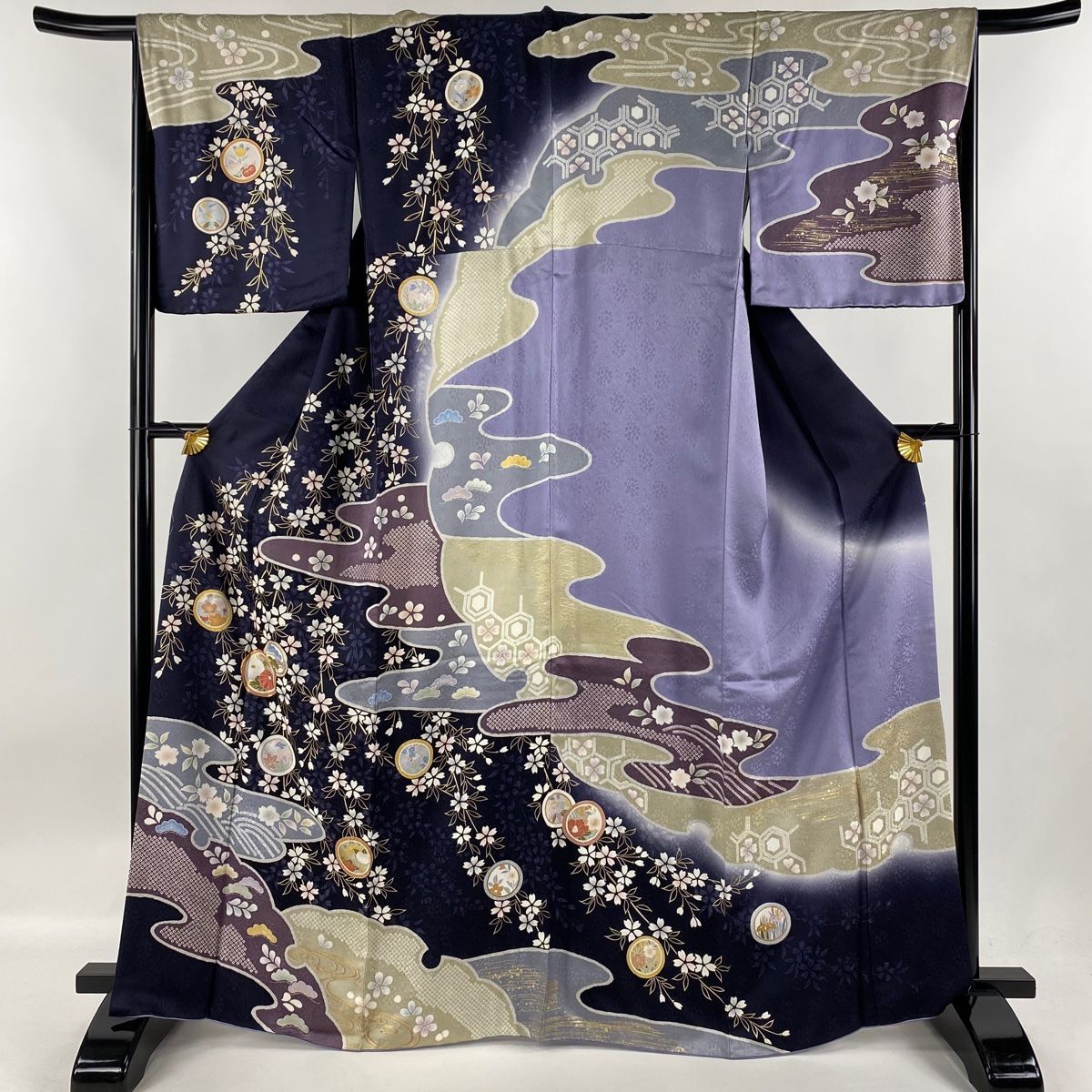 訪問着 身丈167cm 裄丈65.5cm M 袷 丸文 霞 金糸 金彩 紺色 正絹