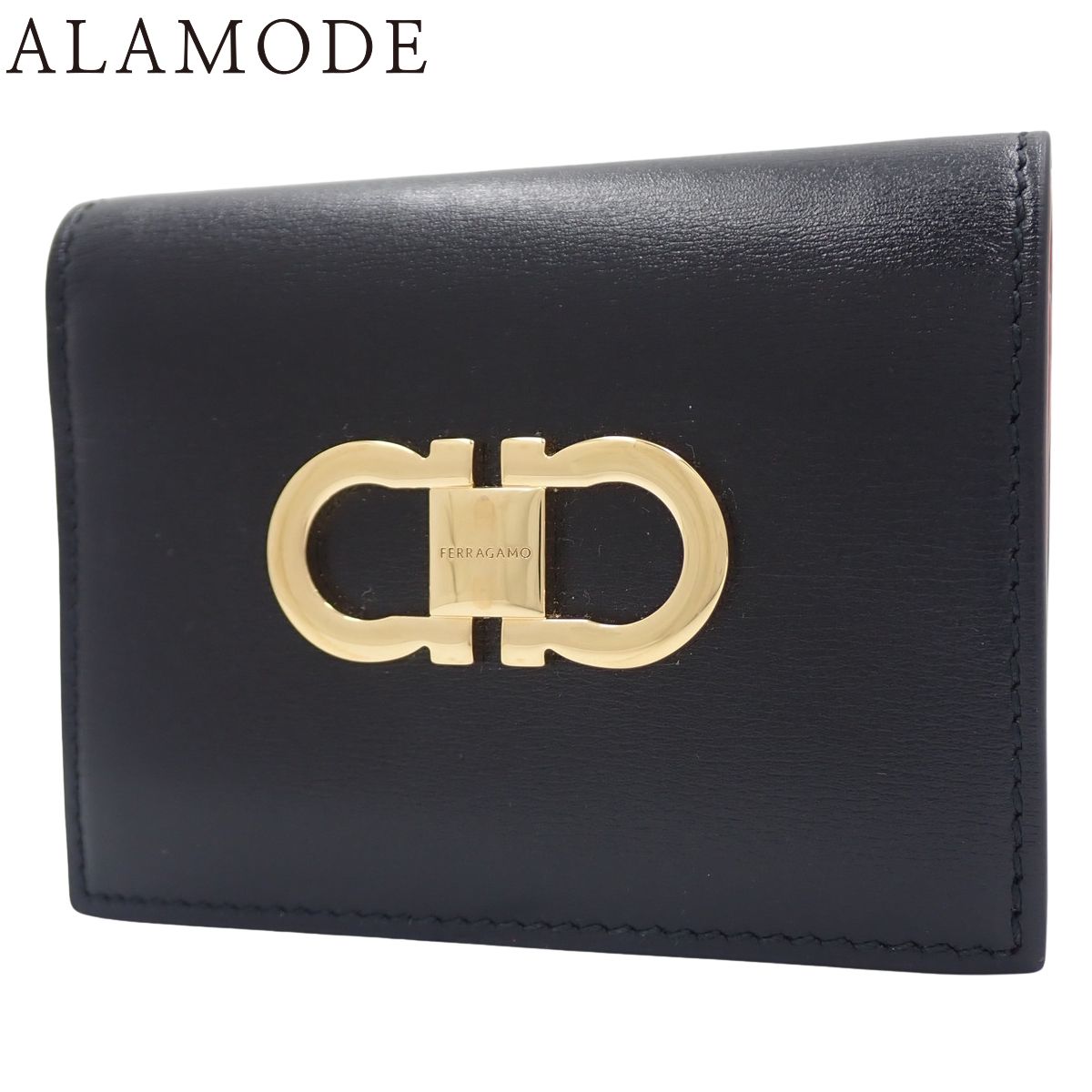 Salvatore Ferragamo フェラガモ ガンチーニ 2つ折り 財布 コンパクトウォレット 二つ折り 折りたたみ財布 小物 カーフ ブラック黒 レッド赤 ゴールド金具 22-0627 レディース 40802160992 アラモード