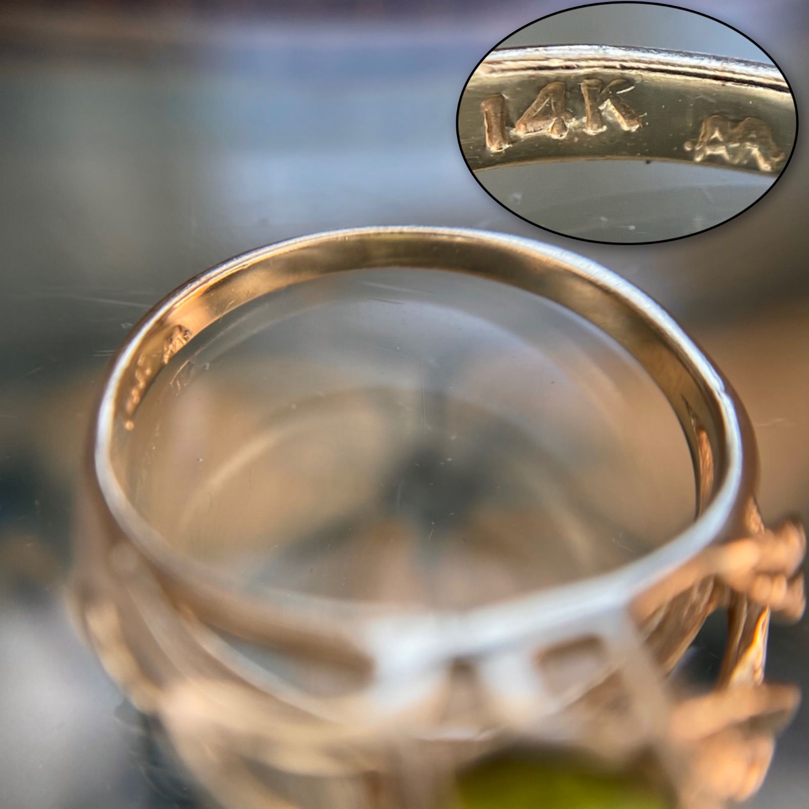 買取店】14K K14 ペリドット リーフ彫金 アンティーク調 レトロ リング  