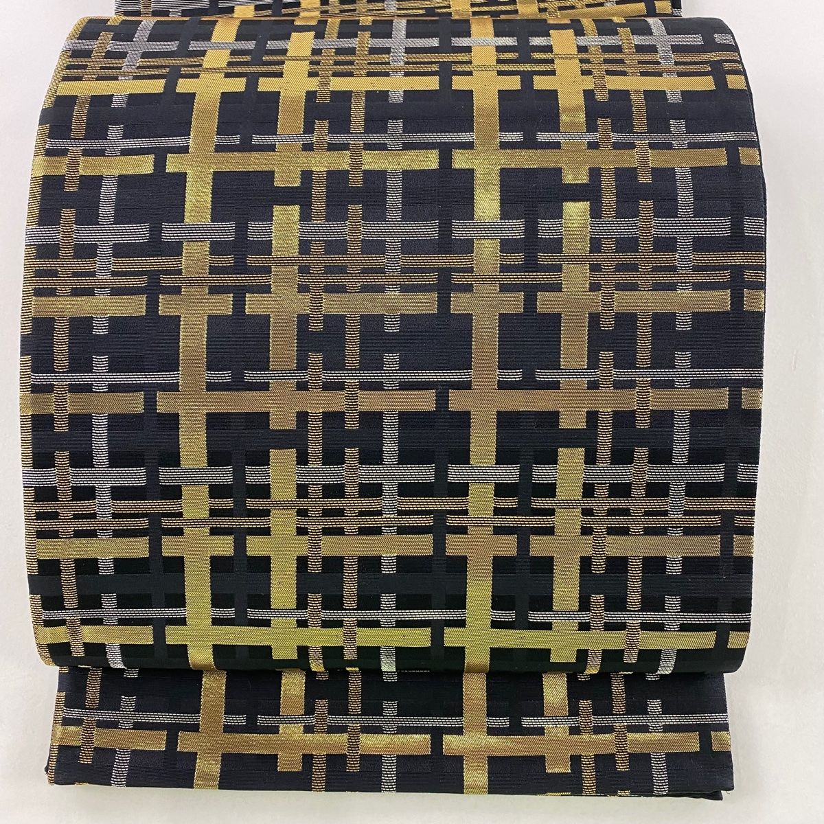 袋帯 秀品 幾何学模様 箔 金銀糸 黒 全通 正絹