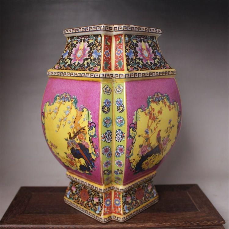琺瑯彩四方花鳥尊瓶 景徳鎮 陶磁器 装飾品 現代工芸品 美術品
