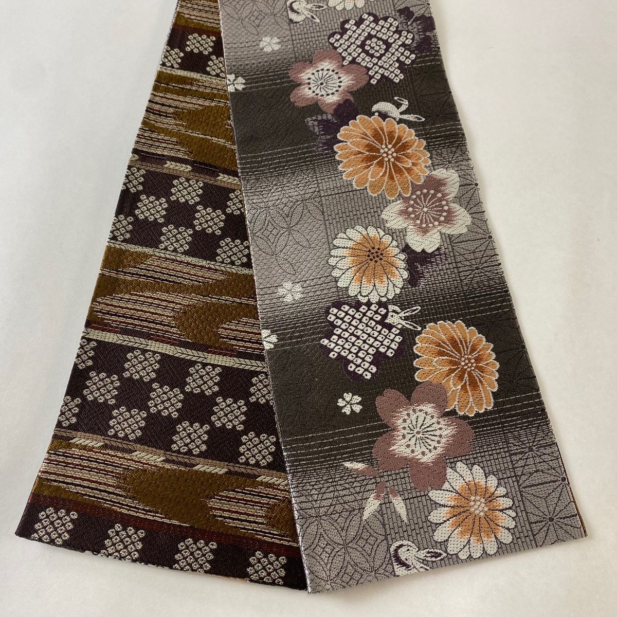 半幅帯 秀品 やまと うさぎ 桜 唐織 灰紫 正絹