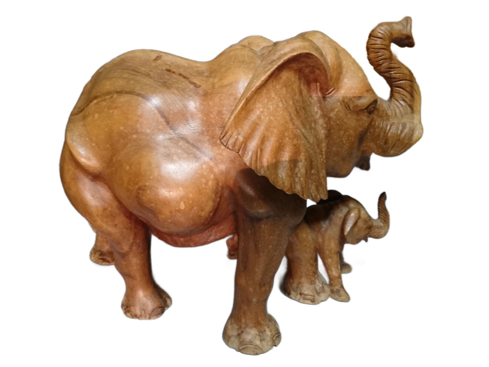流木アート・一点物】象の親子 彫刻｜天然流木一木造り／ニス仕上げ
