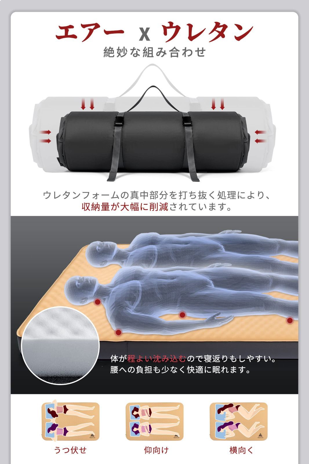 色: B-薄茶・ダブルサイズ】Hikenture インフレーターマット 特許取