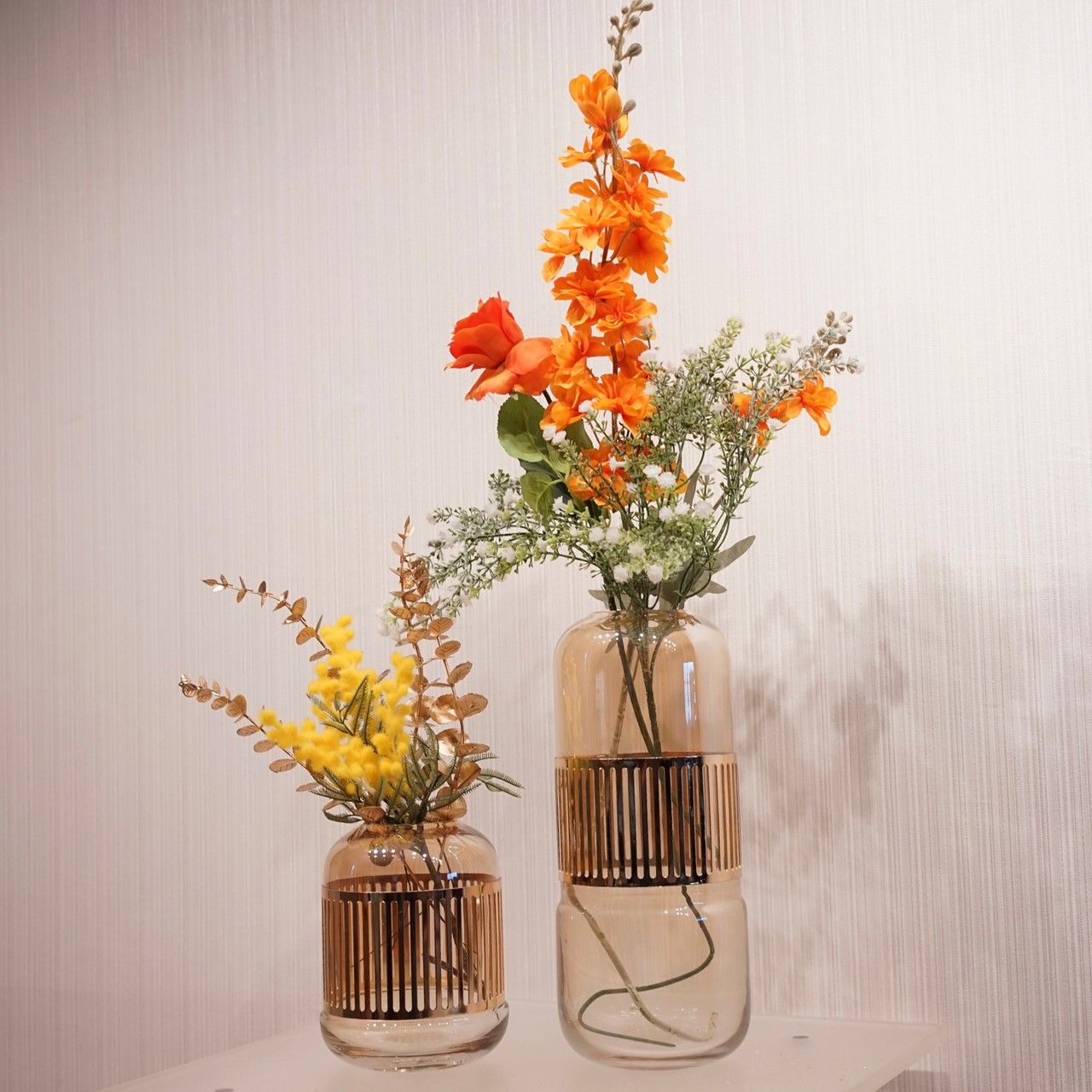 輸入品 フラワーベース ガラス 2個セット 造花付き 花瓶 モダン 輸入品 フラワーベース ガラス 2個セット 造花付き 花瓶 モダン
