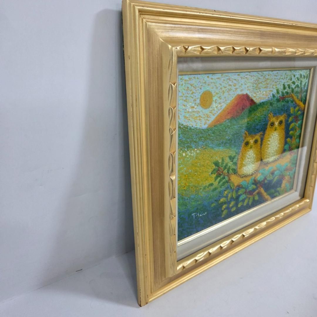 佐野千恵子 『黄金のふくろうと赤富士』油彩画 F6号 縁起物 風水 原画