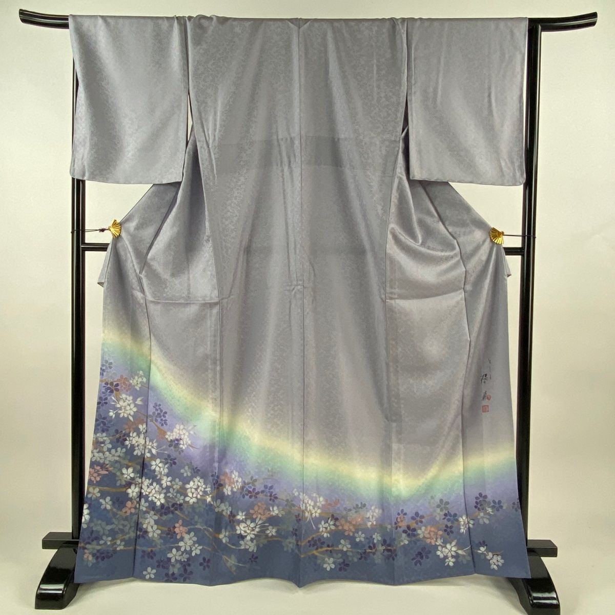 色留袖 身丈168cm 裄丈68cm L 単衣 落款 桜 地紋 金銀彩 ぼかし 薄紫 正絹 名品