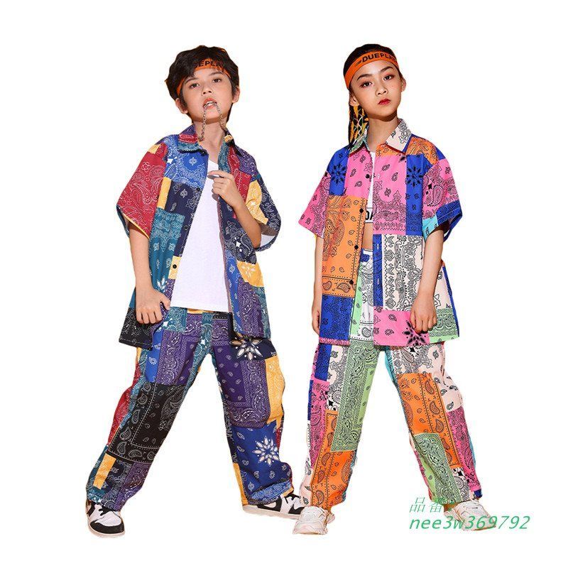 キッズ ダンス衣装 子供服 ヒップホップ セットアップ 派手 ロングパンツ ダボダボ シャツ 薄い 男の子 ステージ衣装 ゆったり 原宿系 女の子 半袖 舞台服 nee3w369792