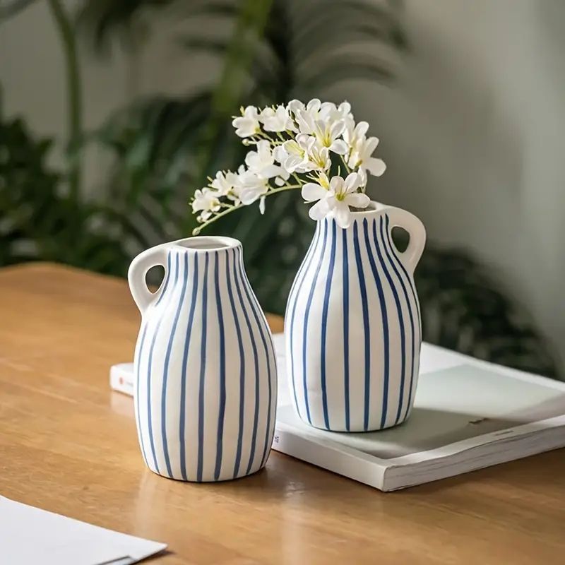 セラミック製ストライプフラワーベースヴィンテージ 手描き 陶器 花瓶 ストライプ柄 - リビングルーム、茶室、ホームデコレーション用 ラウンド装飾花瓶 - ストライプ柄 陶器 卓上花瓶
