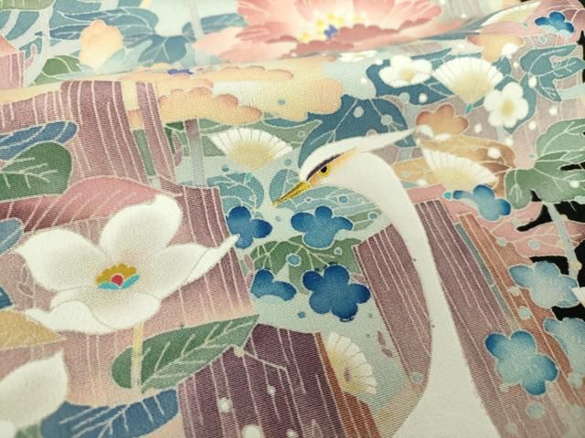 平和屋着物○本場加賀友禅作家 杉浦伸 黒留袖 立鶴 草花風景 正絹 逸品  