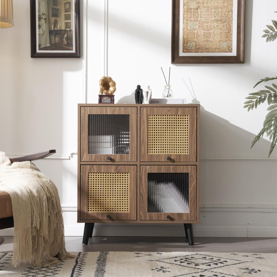 キャビネットチェスト ガラス扉 ラタン調ラタン風フラップ扉収納棚