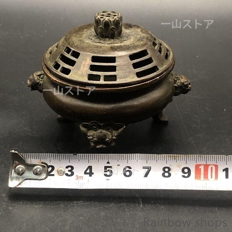 新品・未使用】新品未使用銅器 三足双獅頭香炉 蓮華蓋薫香炉