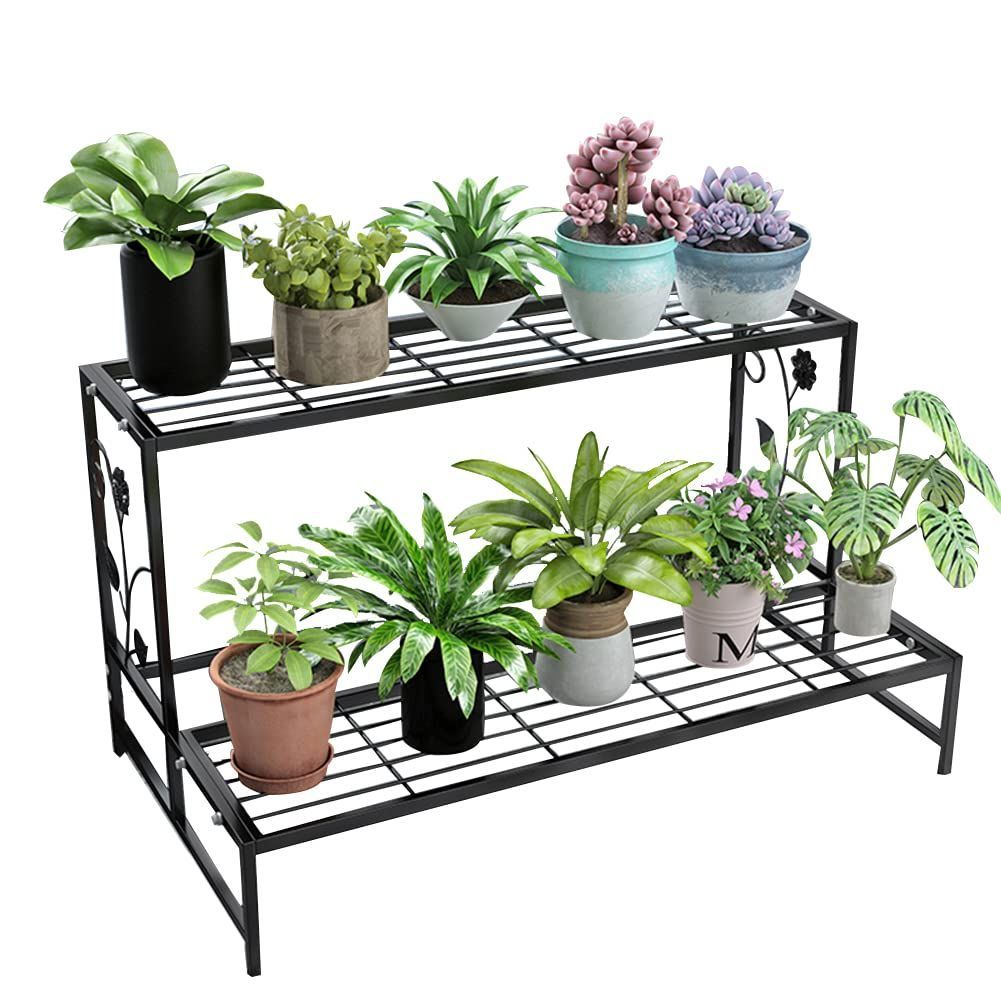 フラワーラック フラワースタンド 2段 幅 80cm 奥行き 44cm 高さ 44cm 金属製 多肉植物 棚 花台 園芸ラック ガーデン 植物小屋 植木鉢スタンド 鉢植え 盆栽棚