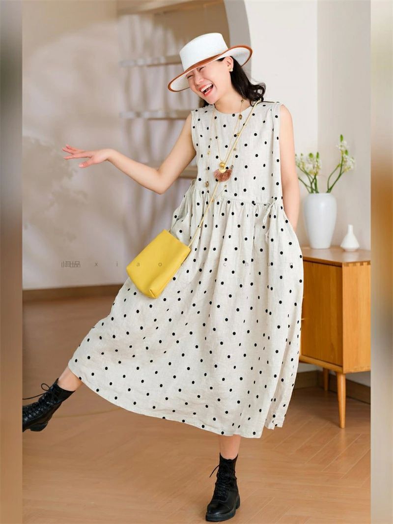 水玉模様ロング✭ドット柄ノースリーブワンピース✭春夏デートコーデ❤️ ワンピース 夏 秋 レディース ノースリーブ ロング丈 ドット柄