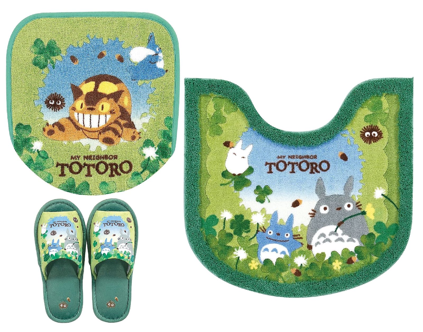 センコー となりのトトロ|3点セット 兼用|58×60cm あおぞらどんぐり トイレマット 兼用フタカバー スリッパ グリーン