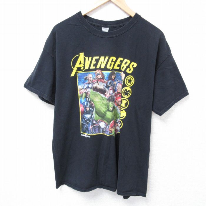 XL/古着 半袖 Tシャツ メンズ マーベル アベンジャーズ ハルク アイアンマン コットン クルーネック 黒 ブラック 24jul05 中古