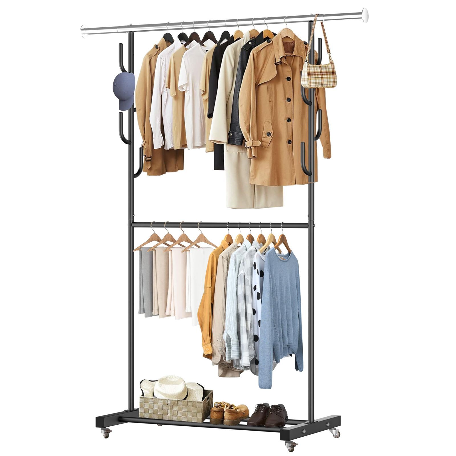 【在庫処分】キャスター付き 防サビ 頑丈 洋服掛け 衣類収納 洋服ラック (ブラック おしゃれ 多機能収納 二重式) ハンガーラック VICERII