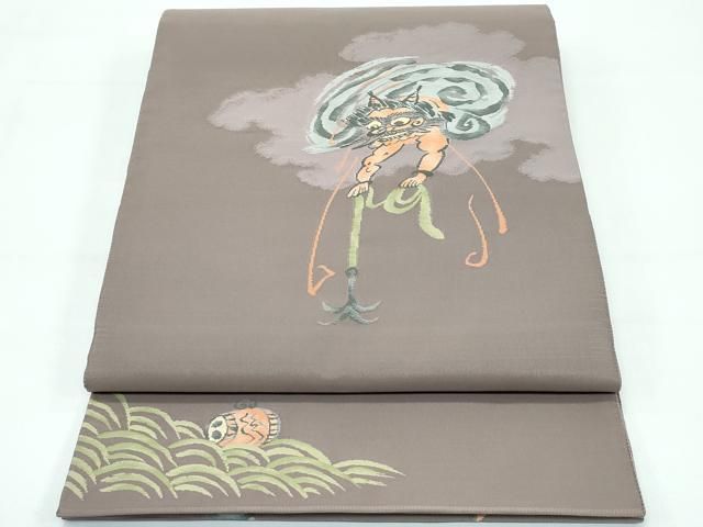 平和屋着物■極上　太鼓柄袋帯　綴れ　大津絵十種　雷公の太鼓釣　鬼　空五倍子色地　逸品　CZAA3685s5 平和屋着物□極上 太鼓柄袋帯 綴れ 大津絵十種 雷公の太鼓