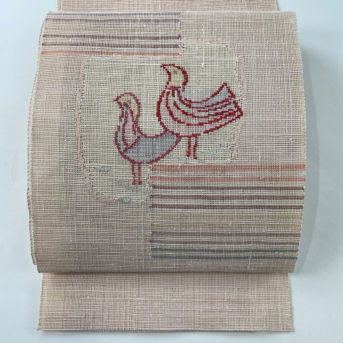 名古屋帯 名品 証紙 夏帯 紗 渡文 鳥 霞 銀糸 薄ピンク 正絹