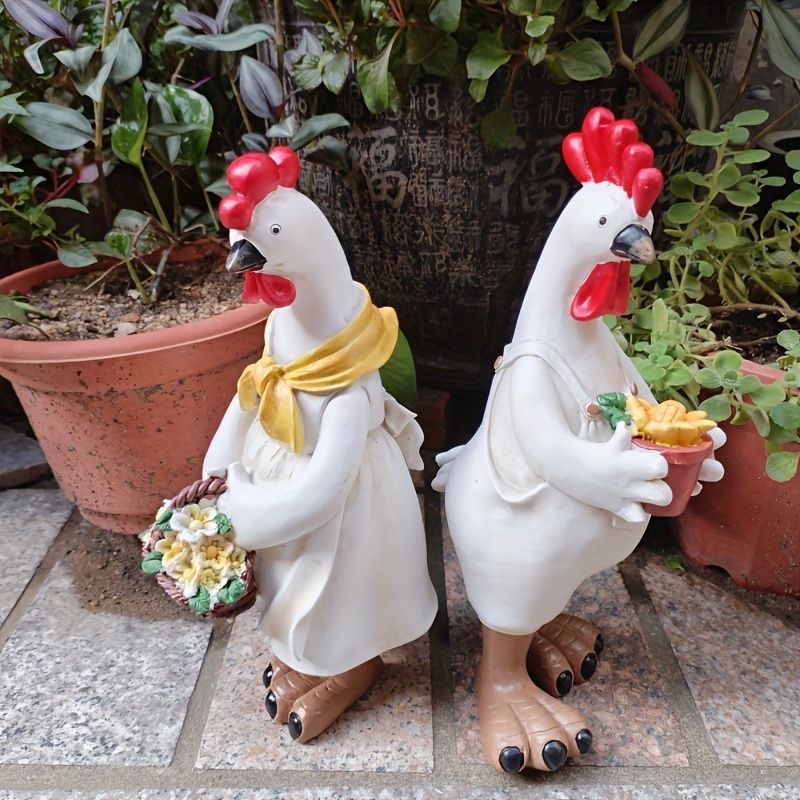 置物 オブジェ ガーデンオーナメント 鶏 ニワトリ 花を持って