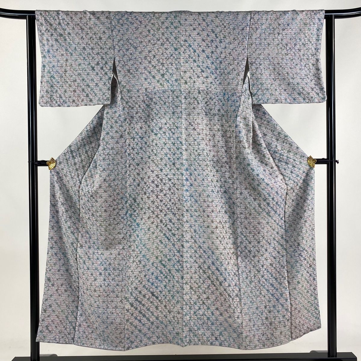 小紋 身丈150cm 裄丈61.5cm S 袷 縞 幾何学模様 絞り 薄紫 正絹 秀品