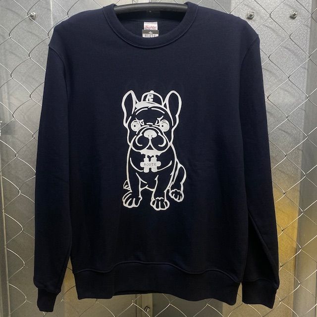 ROUTE DOG トレーナー Navy X White フレンチブルドッグ フレブル ユニセックス 【動画あり】フレンチブルドッグ フレブル 服 犬 服 普段着トレーナー ドッグウェア ブルドッグ スウェット 動きやすい 家着 寝巻 パジャマ  パピー服 パピー 子犬 仔犬 KM118TS | BESTWEAR