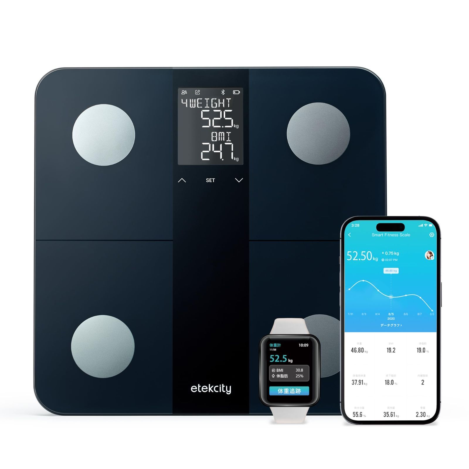 Etekcity 体重計 スマホ連動 ２年品質 体脂肪計 体組成計 13項目測定 健康管理 食事管理 目標設定 乗るピタ 乗るだけで測定 日本語対応APP＆取扱説明書 EFS-C651-KJP