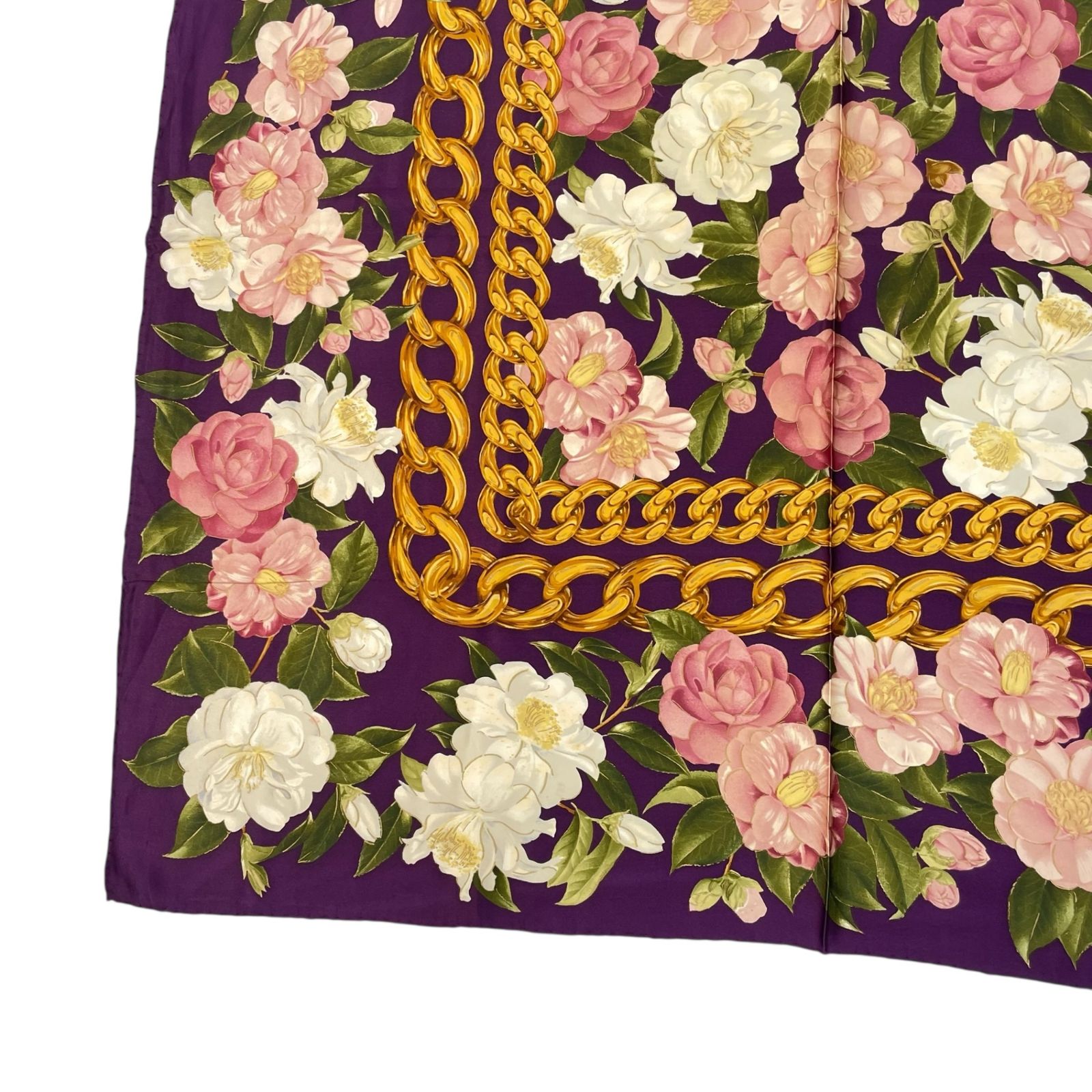 52 美品　シャネル　CHANEL　花柄大判ストール　シルク100 極美品 CHANEL シャネル 大判 シルク スカーフ 花柄 チェーン