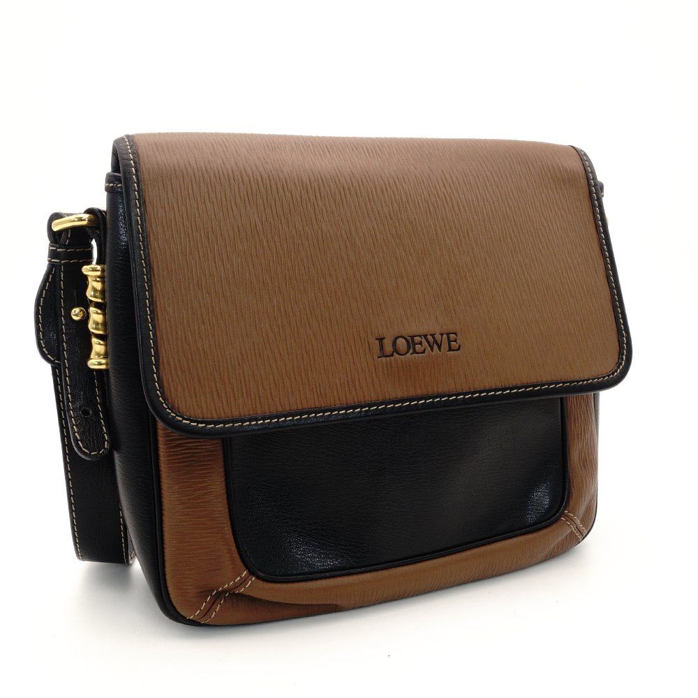 ロエベ LOEWE ベラケス ツイスト ショルダーバッグ ブラック×ブラウン レザー クロスボディヴィンテージ 7-10-543