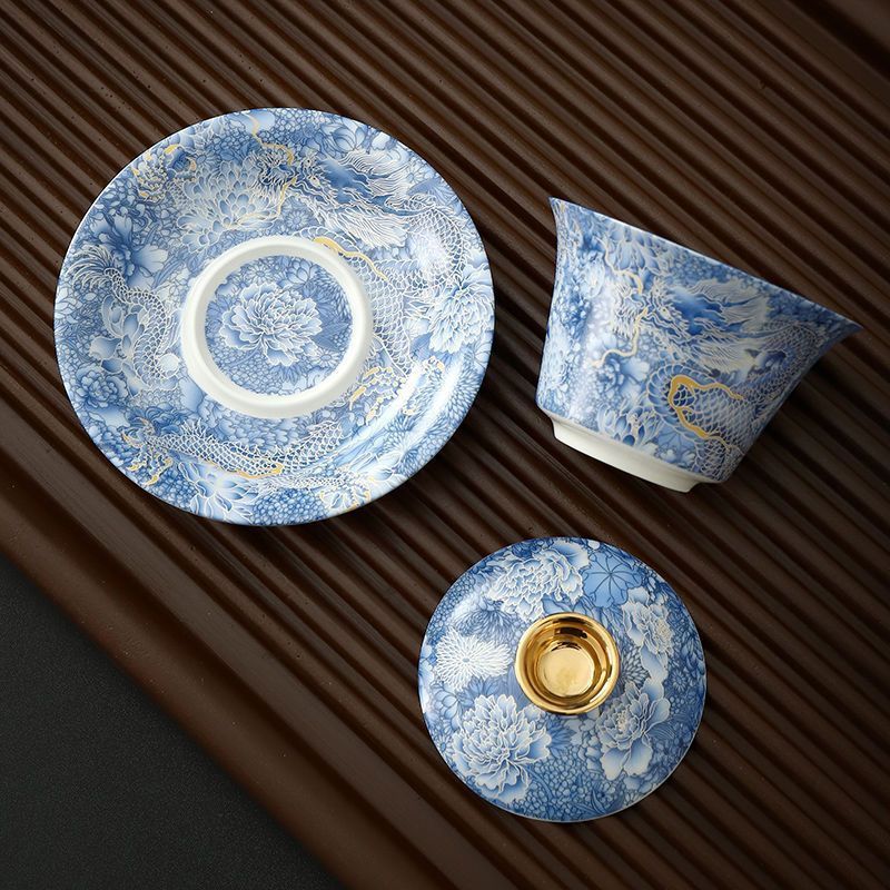 青花龍紋 三才蓋碗 蓋付き茶碗 高級陶器製 功夫茶器 家庭用