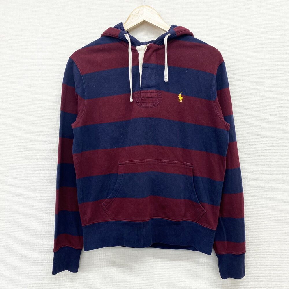 ポロ ラルフローレン Polo by Ralph Lauren プルオーバー スウェットラガーパーカー フーディ 太ボーダー柄 裏起毛 ロゴ 刺繍 サイズ：S ネイビー×エンジ