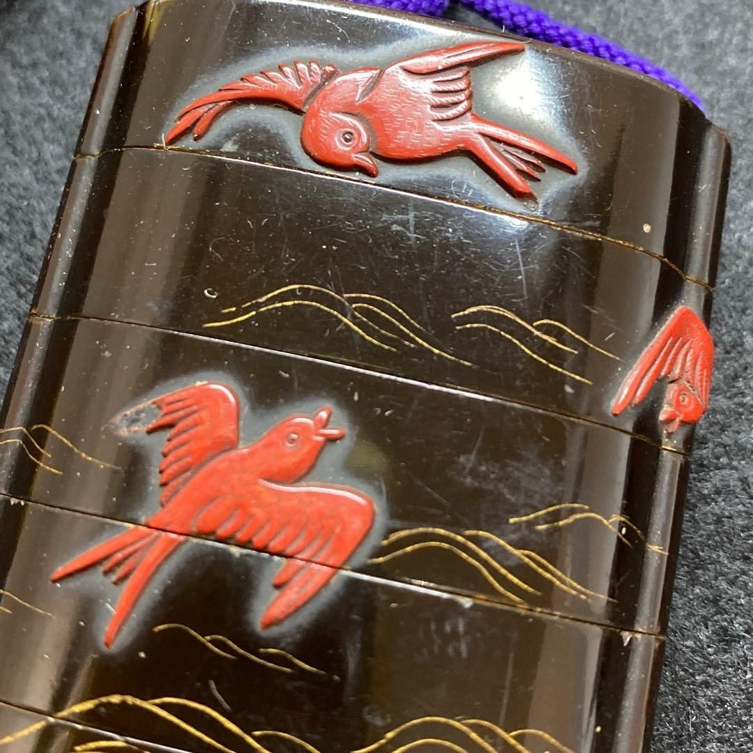 江戸時代 堆朱蒔絵波千鳥五段印籠 上根付53g 東Y7-0109 2Fトトコニ